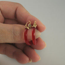 Load image into Gallery viewer, 14K Yellow Gold Red Jade Tube Hoop Earrings