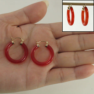 1100084-14k-Y/G-Hook-Tube-Ring-Shape-Hoop-Red-Jade-Earrings