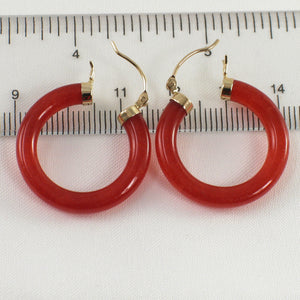 1100084-14k-Y/G-Hook-Tube-Ring-Shape-Hoop-Red-Jade-Earrings