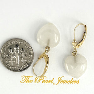 1100090-14KT YELLOW SOLID GOLD 12MM HEART WHITE JADE LEVERBACK EARRINGS