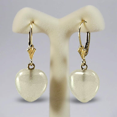 14K Yellow Gold Heart Shape White Jade Leverback Earrings