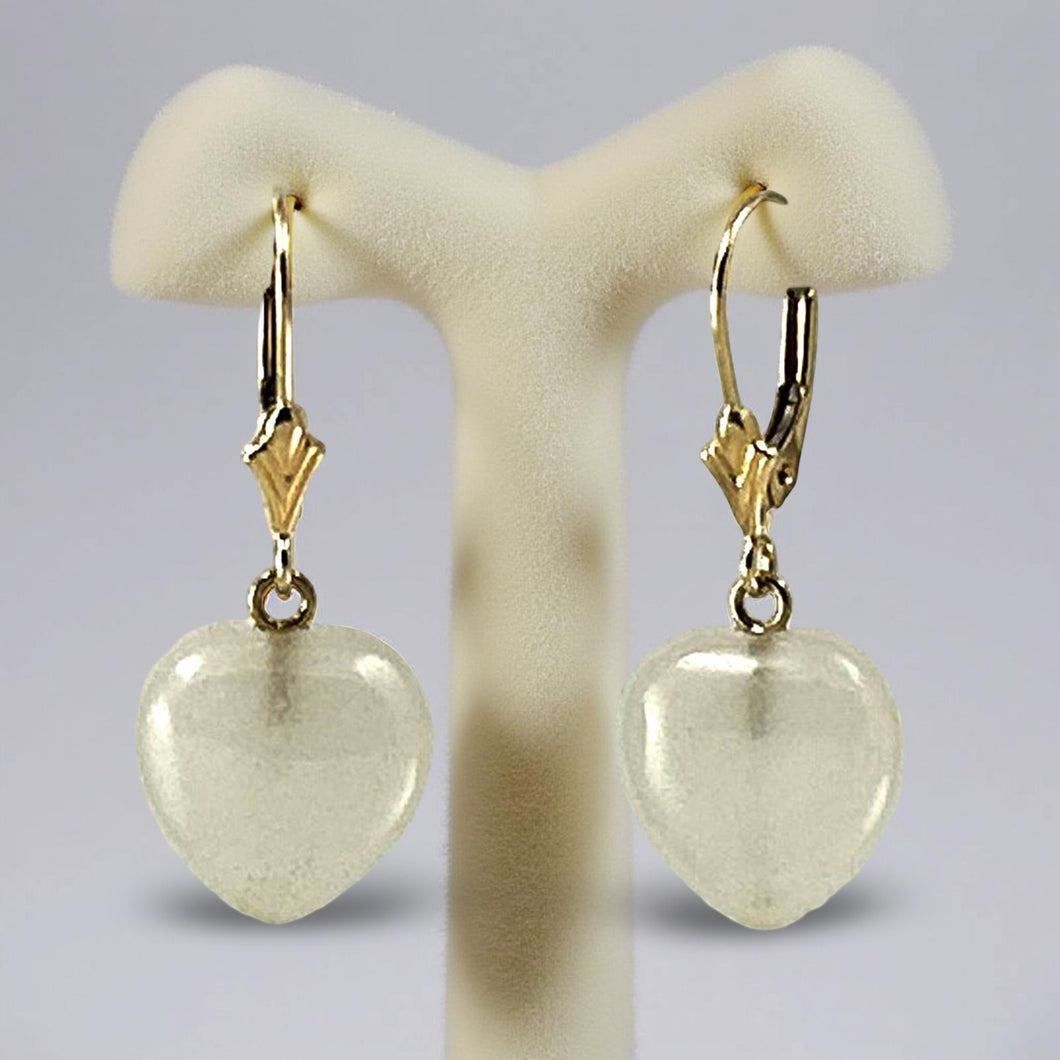 14K Yellow Gold Heart Shape White Jade Leverback Earrings