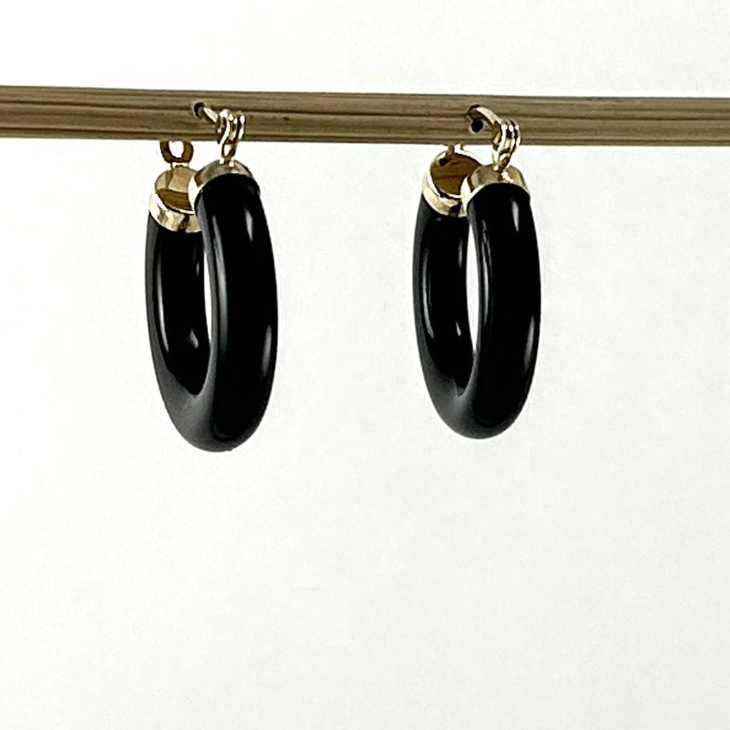 14K Yellow Gold Black Onyx Tube Hoop Earrings