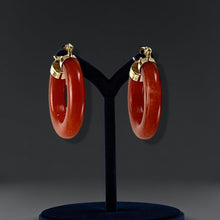 Load image into Gallery viewer, 14K Yellow Gold Tube Ring Red Jade Hook Earrings