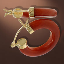 Load image into Gallery viewer, 14K Yellow Gold Tube Ring Red Jade Hook Earrings