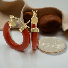 Load image into Gallery viewer, 14K Yellow Gold Tube Ring Red Jade Hook Earrings