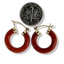 Load image into Gallery viewer, 14K Yellow Gold Tube Ring Red Jade Hook Earrings