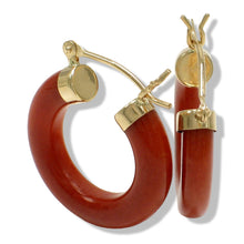 Load image into Gallery viewer, 14K Yellow Gold Tube Ring Red Jade Hook Earrings