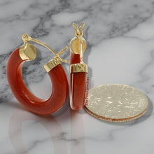 Load image into Gallery viewer, 14K Yellow Gold Tube Ring Red Jade Hook Earrings