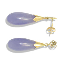Load image into Gallery viewer, 14K Yellow Gold Raindrop Lavender Jade Dangle Earrings