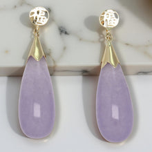 Load image into Gallery viewer, 14K Yellow Gold Raindrop Lavender Jade Dangle Earrings