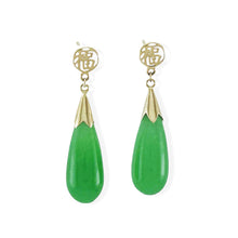 Load image into Gallery viewer, 14K Yellow Gold Raindrop Green Jade Dangle Earrings