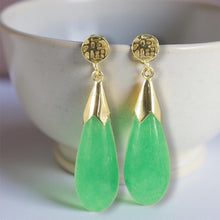 Load image into Gallery viewer, 14K Yellow Gold Raindrop Green Jade Dangle Earrings