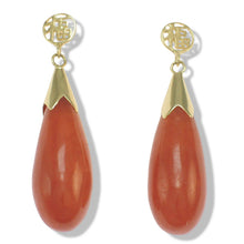 Load image into Gallery viewer, 14K Yellow Gold Good Fortune Raindrop Red Jade Earrings