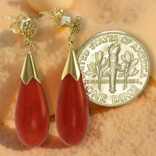 Load image into Gallery viewer, 14K Yellow Gold Good Fortune Raindrop Red Jade Earrings