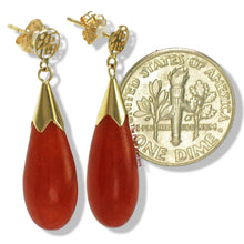 Load image into Gallery viewer, 14K Yellow Gold Good Fortune Raindrop Red Jade Earrings