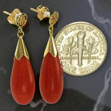 Load image into Gallery viewer, 14K Yellow Gold Good Fortune Raindrop Red Jade Earrings