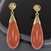 Load image into Gallery viewer, 14K Yellow Gold Good Fortune Raindrop Red Jade Earrings