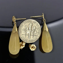 Load image into Gallery viewer, 14k Yellow Gold Good Fortune Dangle Raindrop Yellow Jade Stud Earrings