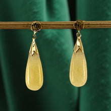 Load image into Gallery viewer, 14k Yellow Gold Good Fortune Dangle Raindrop Yellow Jade Stud Earrings