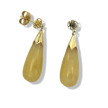 Load image into Gallery viewer, 14k Yellow Gold Good Fortune Dangle Raindrop Yellow Jade Stud Earrings