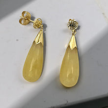 Load image into Gallery viewer, 14k Yellow Gold Good Fortune Dangle Raindrop Yellow Jade Stud Earrings