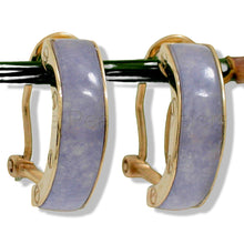 Load image into Gallery viewer, 14K Yellow Gold Omega Clip Bend Tablet Lavender Jade Hoop Earrings