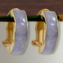 Load image into Gallery viewer, 14K Yellow Gold Omega Clip Bend Tablet Lavender Jade Hoop Earrings