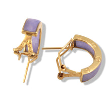 Load image into Gallery viewer, 14K Yellow Gold Omega Clip Bend Tablet Lavender Jade Hoop Earrings