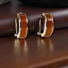 Load image into Gallery viewer, 14K Yellow Gold Omega Clip Bend Tablet Red Jade Hoop Earrings