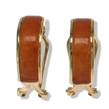Load image into Gallery viewer, 14K Yellow Gold Omega Clip Bend Tablet Red Jade Hoop Earrings