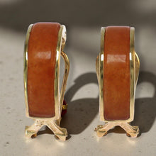 Load image into Gallery viewer, 14K Yellow Gold Omega Clip Bend Tablet Red Jade Hoop Earrings