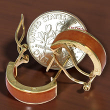 Load image into Gallery viewer, 14K Yellow Gold Omega Clip Bend Tablet Red Jade Hoop Earrings