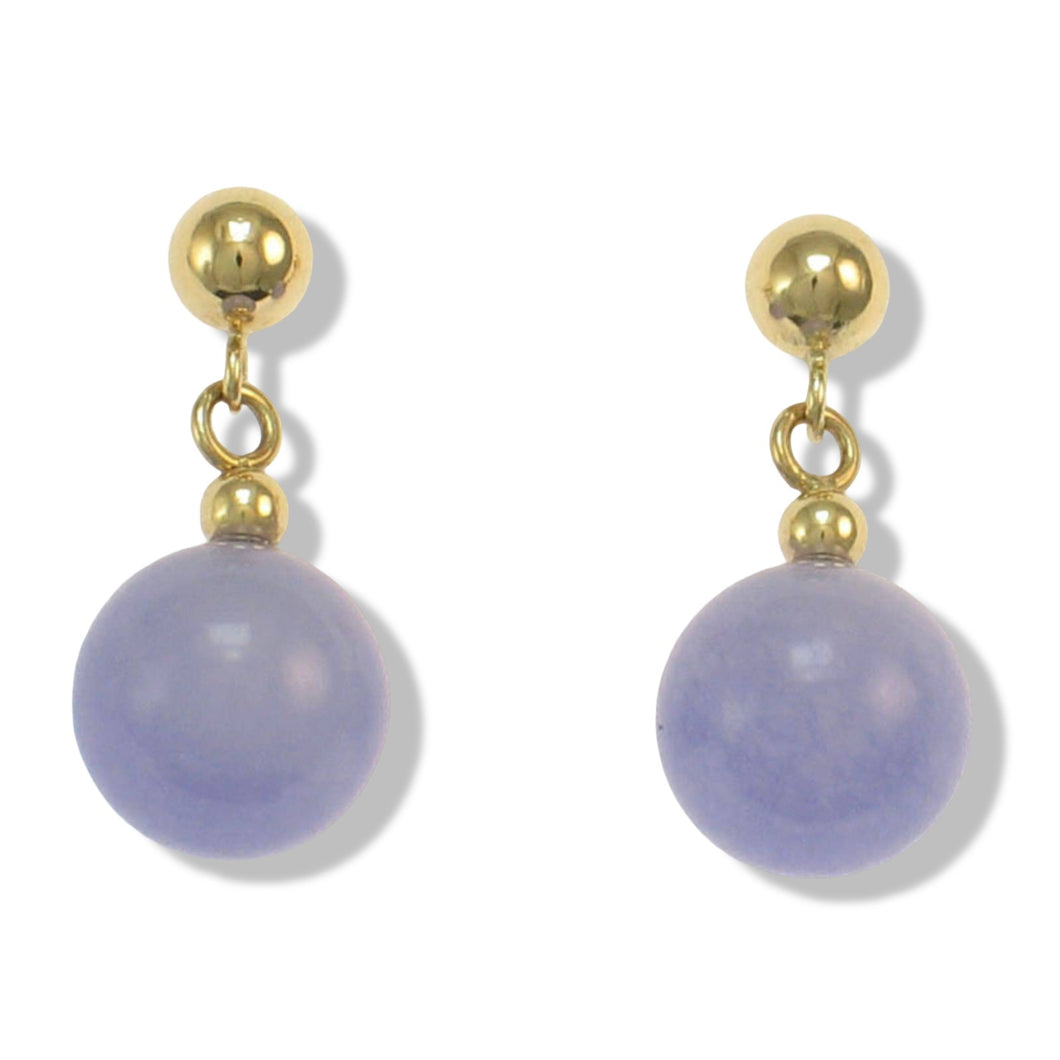 14K Yellow Gold Lavender Jade Bead Dangle Earrings