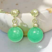 Load image into Gallery viewer, 14K Yellow Gold Ball Dangle Green Jade Bead Stud Earrings