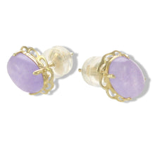 Load image into Gallery viewer, 14k Solid Yellow Gold 6x8mm Cabochon Oval Lavender Jade Stud Earrings