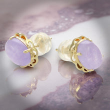 Load image into Gallery viewer, 14k Solid Yellow Gold 6x8mm Cabochon Oval Lavender Jade Stud Earrings