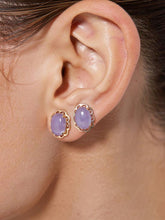 Load image into Gallery viewer, 14k Solid Yellow Gold 6x8mm Cabochon Oval Lavender Jade Stud Earrings