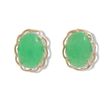Load image into Gallery viewer, 14k Solid Yellow Gold Cabochon Oval Shaped Green Jade Stud Earrings