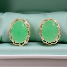 Load image into Gallery viewer, 14k Solid Yellow Gold Cabochon Oval Shaped Green Jade Stud Earrings