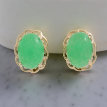 Load image into Gallery viewer, 14k Solid Yellow Gold Cabochon Oval Shaped Green Jade Stud Earrings