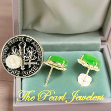 Load image into Gallery viewer, 14k Solid Yellow Gold Cabochon Oval Shaped Green Jade Stud Earrings