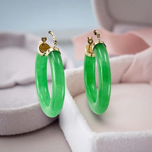 Load image into Gallery viewer, 14k Solid Yellow Gold Tube Ring Green Jade Hoop Earrings