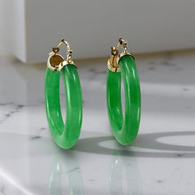 Load image into Gallery viewer, 14k Solid Yellow Gold Tube Ring Green Jade Hoop Earrings