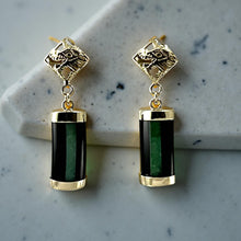 Load image into Gallery viewer, 14K Yellow Gold Dragon Dangle Earrings with Jade &amp; Black Onyx