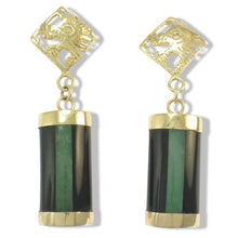 Load image into Gallery viewer, 14K Yellow Gold Dragon Dangle Earrings with Jade &amp; Black Onyx