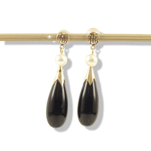 Load image into Gallery viewer, 14K Yellow Gold Oriental Black Onyx &amp; Pearl Dangle Earrings