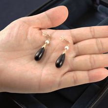 Load image into Gallery viewer, 14K Yellow Gold Oriental Black Onyx &amp; Pearl Dangle Earrings