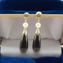 Load image into Gallery viewer, 14K Yellow Gold Oriental Black Onyx &amp; Pearl Dangle Earrings