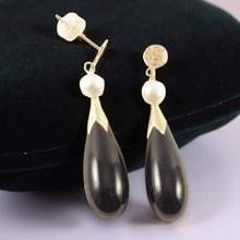 Load image into Gallery viewer, 14K Yellow Gold Oriental Black Onyx &amp; Pearl Dangle Earrings